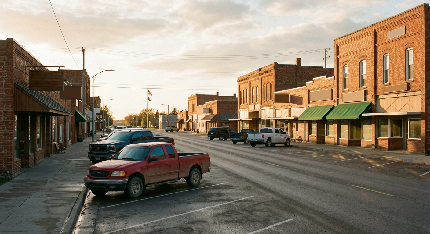 A quiet rural North Dakota main street at golden hour, brick storefronts and pickup trucks parked diagonally