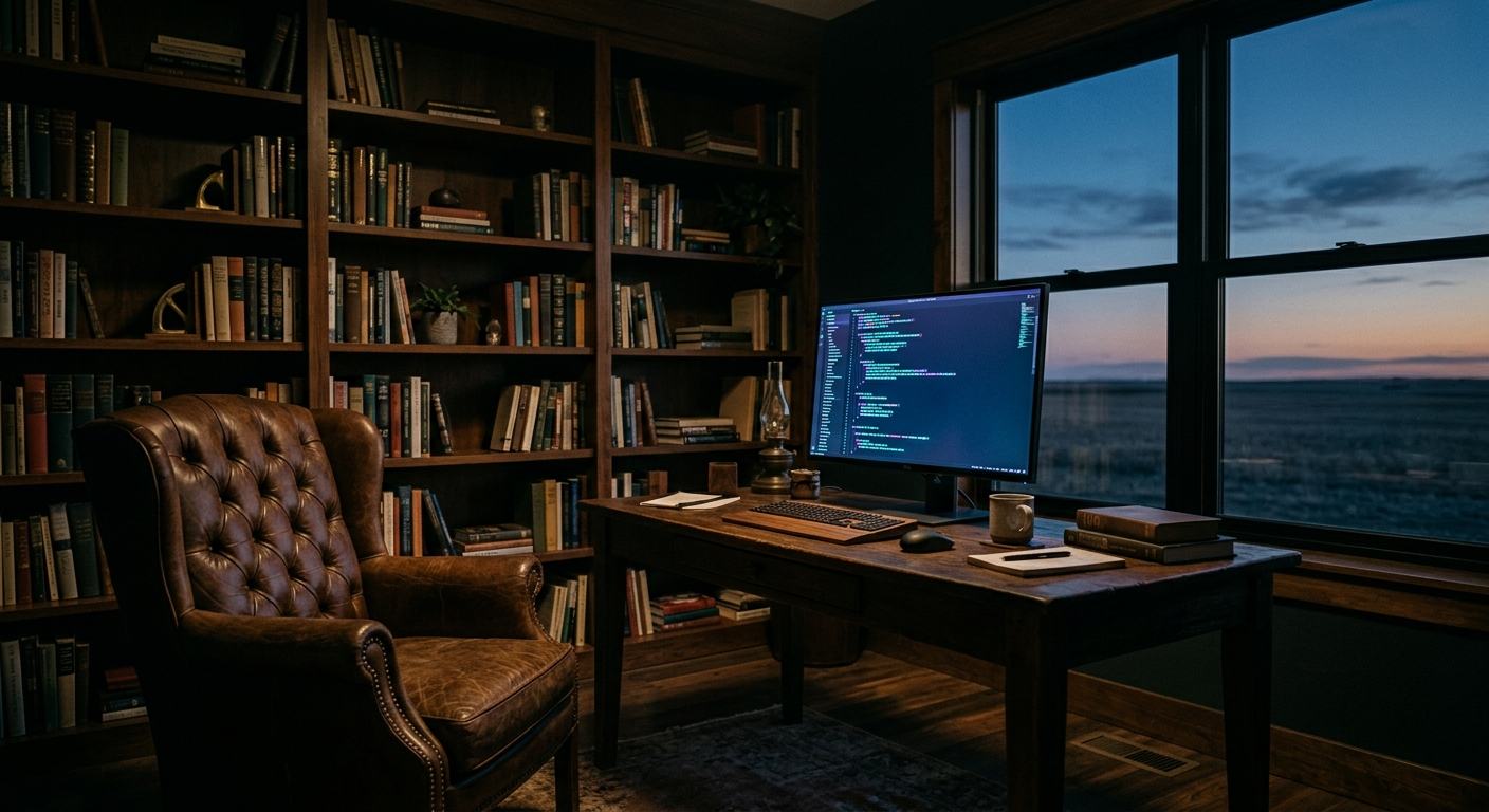 A dark, moody home office with a leather armchair, wood shelving and a single lit monitor, open prairie sky through the window
