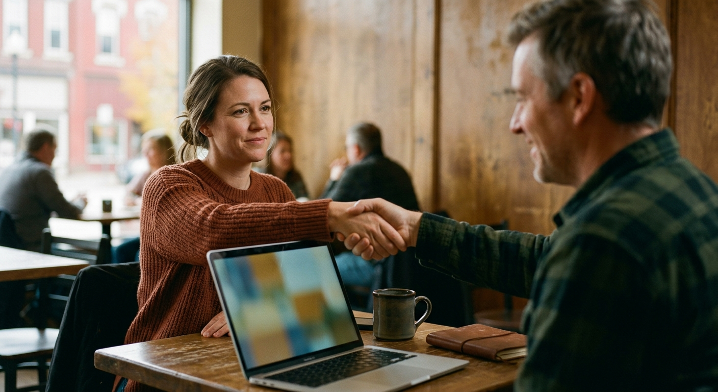 Two people shaking hands over a laptop in a small-town cafe in warm daylight