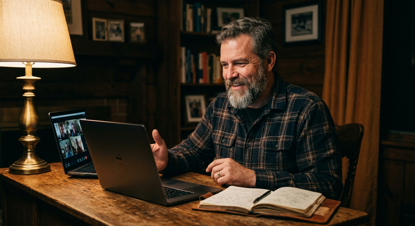 A small-business owner on a video call at a rustic wood desk under warm lamp light
