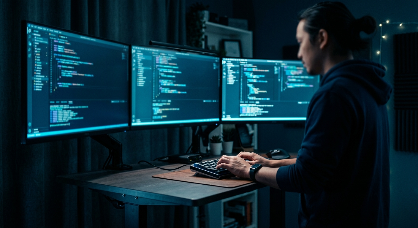 A developer at a standing desk with three dark-mode monitors, cool cyan glow on their hands at the keyboard