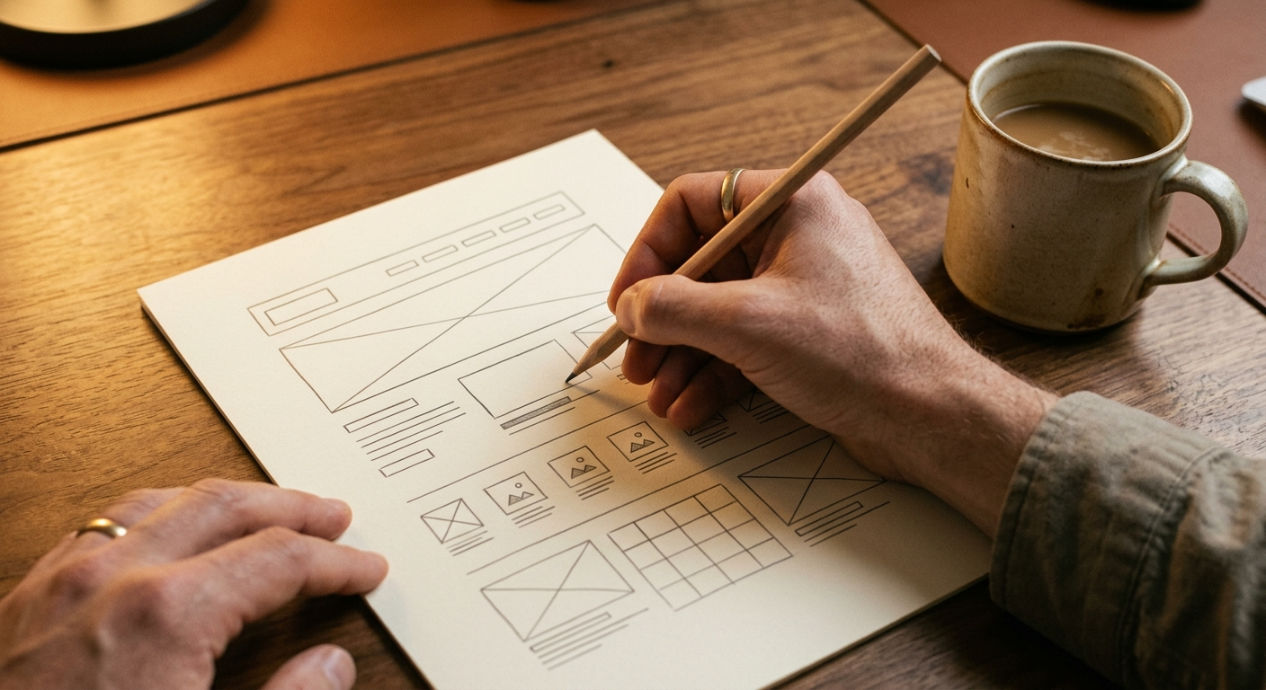 A hand sketching a website wireframe in pencil on paper at a warm-lit wood desk