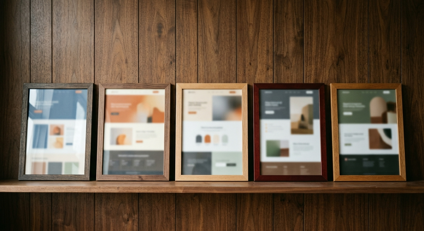 A row of framed website mockups leaning against a dark wood-paneled wall in soft studio light