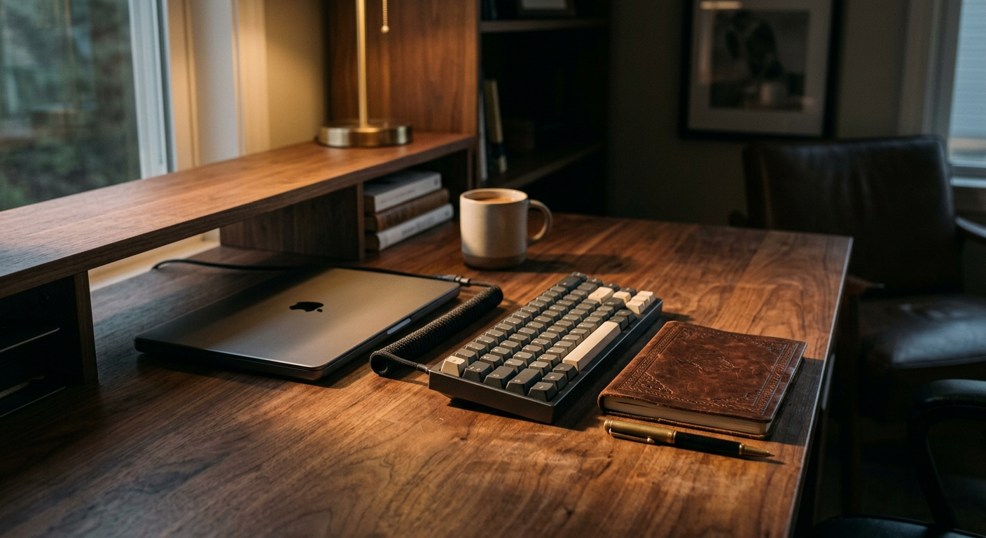 An organised desk with a laptop, mechanical keyboard and leather-bound notebook under dramatic side light